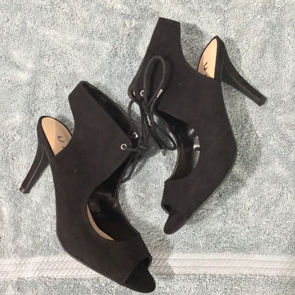 Black Suede Lace-Up Peep-Toe Heels